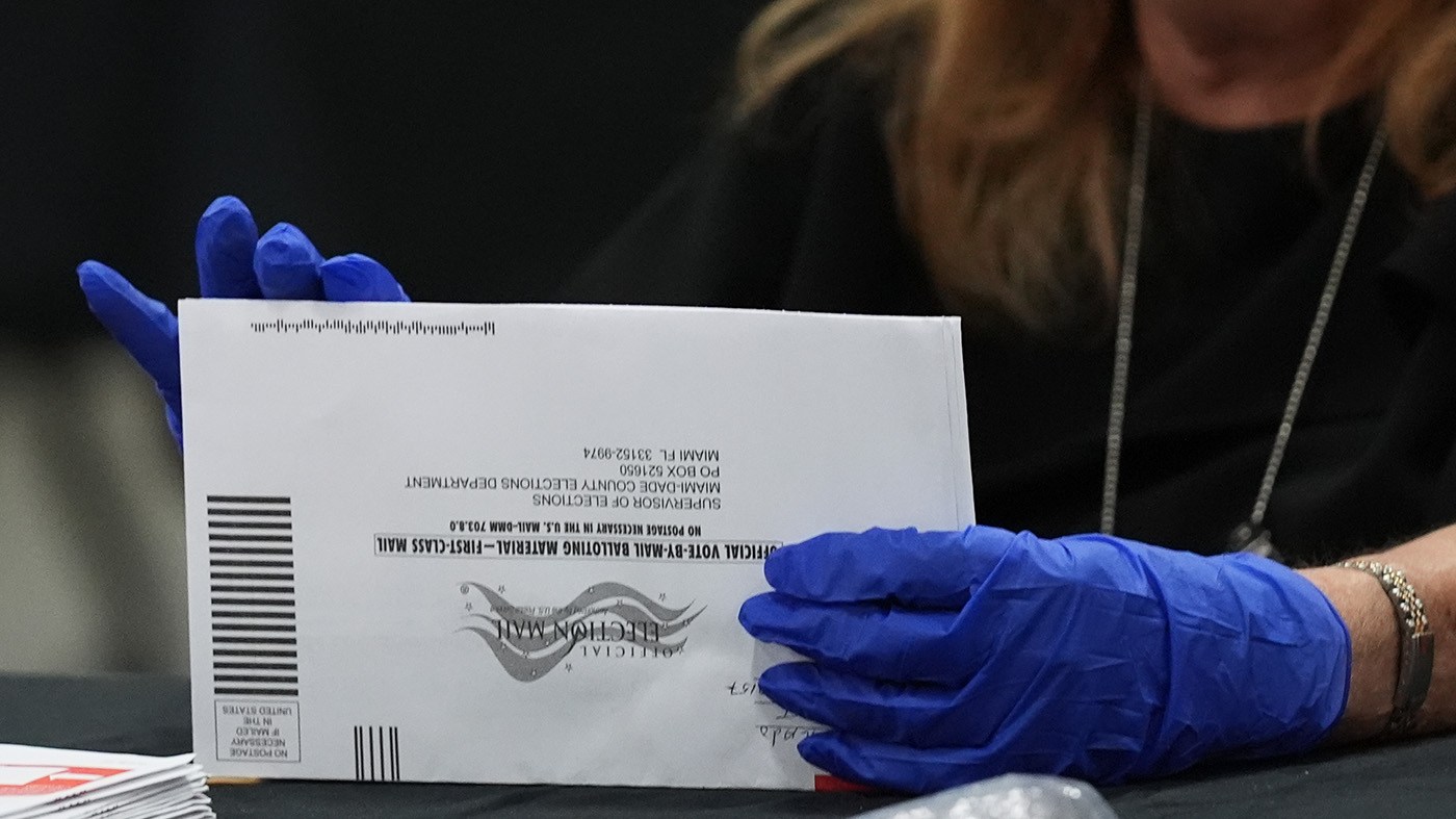An election worker sorts vote-by-mail ballots at the Miami-Dade County Supervisor of Elections Office for the Florida primary election in Doral, Fla., Aug. 18, 2026.