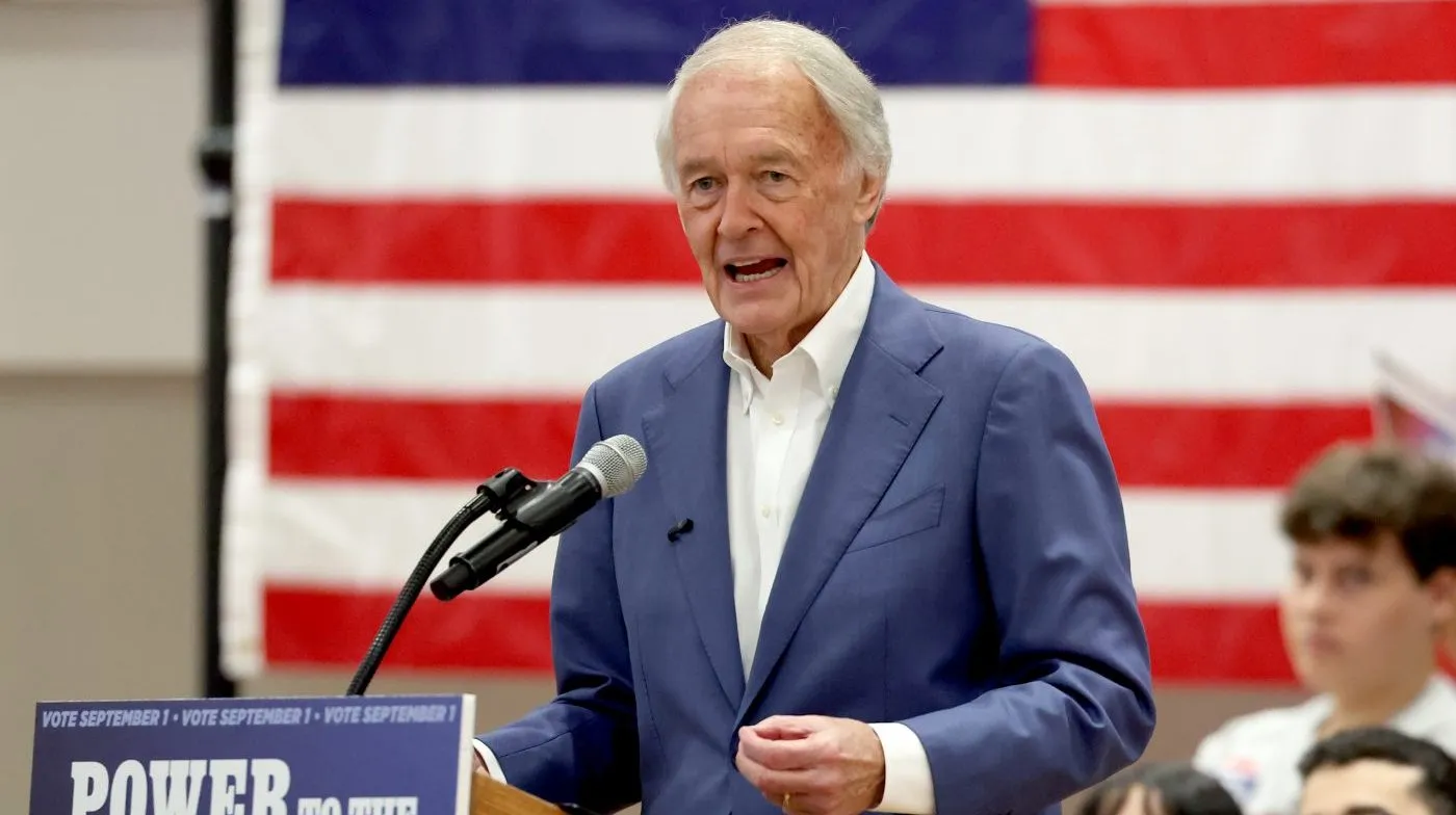 Sen. Ed Markey speaks during a Get Out the Vote event supporting Markey, Saturday, Aug. 29, 2026 in Boston. (AP Photo/Mark Stockwell)