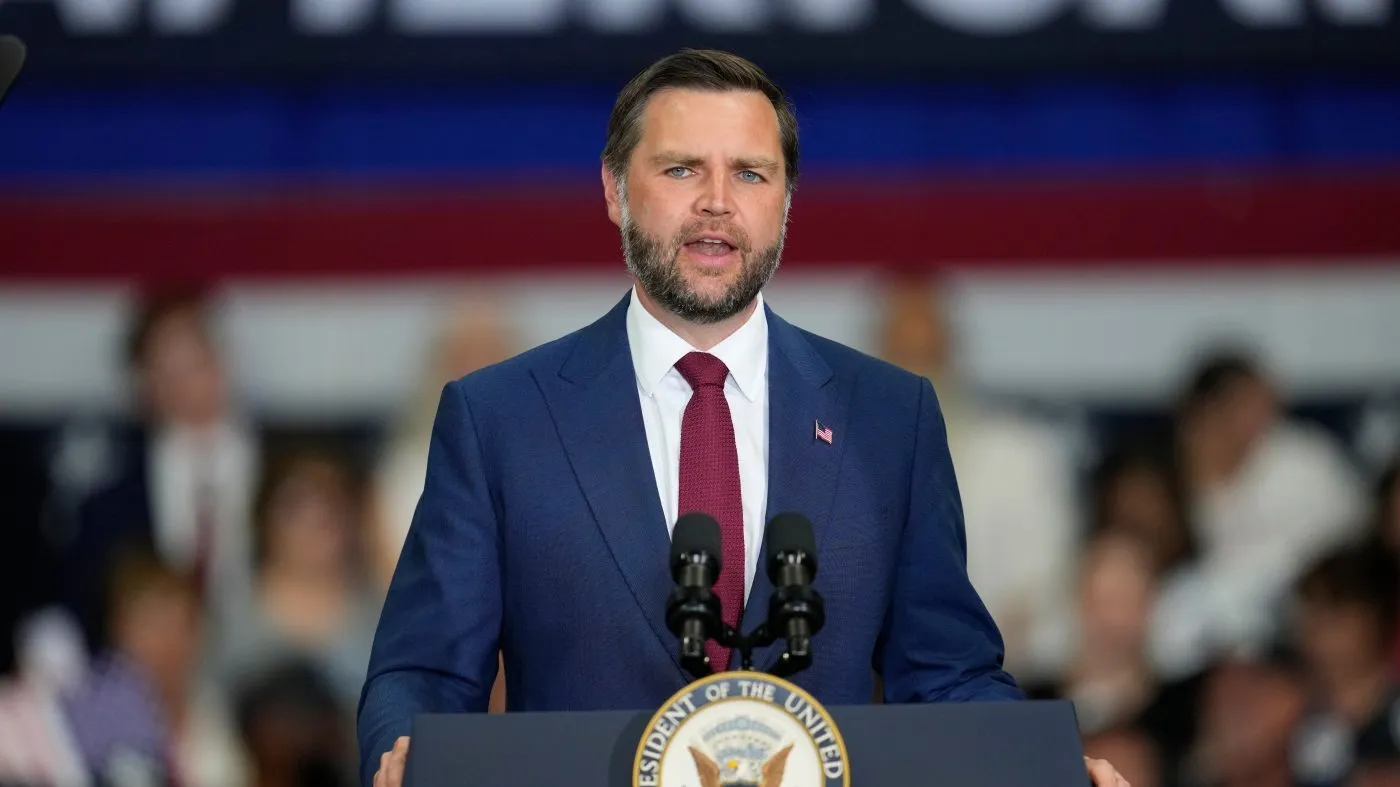 Vice President JD Vance speaks at Universal Contracting and Urban Tree Trimming, Monday, Aug. 31, 2026, in Sterling Heights, Mich. (AP Photo/Paul Sancya)