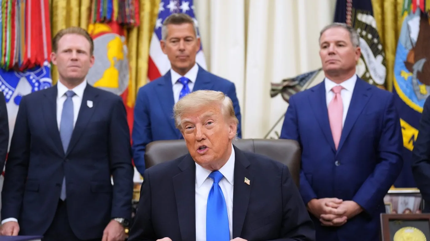President Trump speaks in the Oval Office of the White House during a meeting with travel executives, Sept. 2, 2026, in Washington.