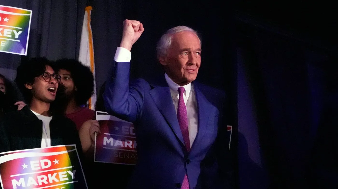 U.S. Sen. Edward Markey, D-Mass., gestures after winning the Democratic nomination during a primary election night event Tuesday, Sept. 1, 2026, in Boston. (AP Photo/Charles Krupa)