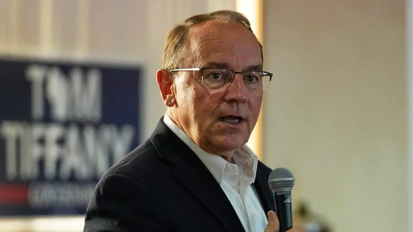 Republican gubernatorial candidate Tom Tiffany talks to supporters during a campaign event, July 29, 2026, in Kenosha, WI.