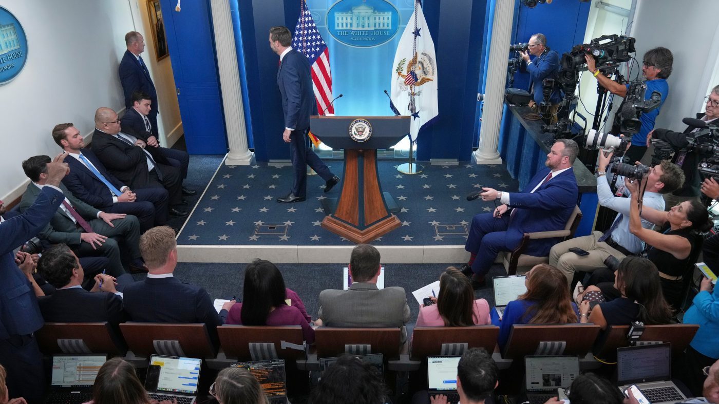 Vice President Vance departs after speaking during a press briefing at the White House in Washington, Sept. 3, 2026.