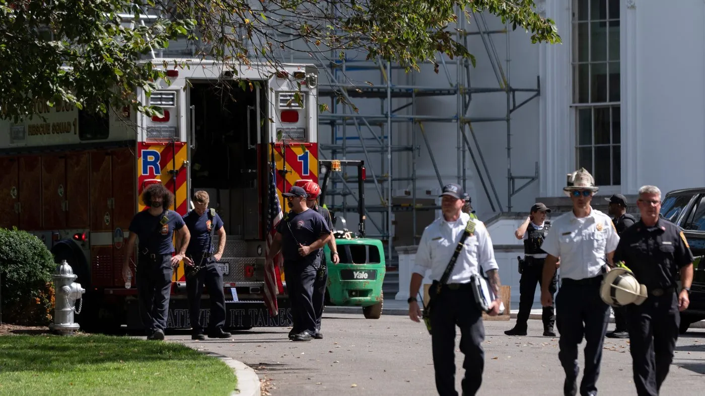 District of Columbia first responders exit the North Lawn of the White House after responding to an emergency, after a worker was injured on scaffolding surrounding the North Portico, Monday, Sep. 7, 2026, in Washington. (AP Photo/Manuel Balce Ceneta)