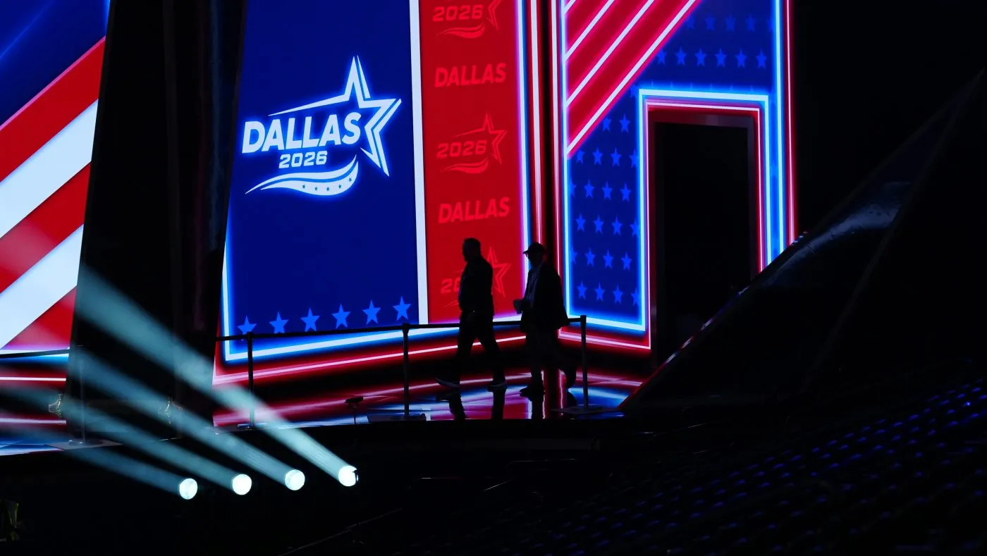 Workers continue to prepare the arena before the Republican convention Tuesday, Sept. 8, 2026, in Dallas. (AP Photo/Julia Demaree Nikhinson)