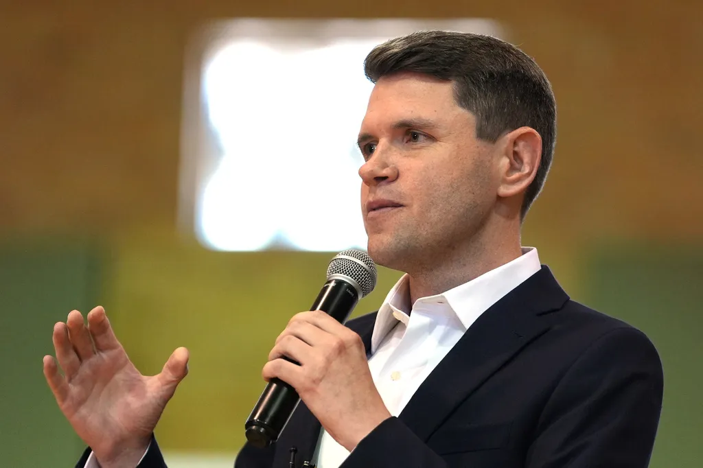 Democratic U.S. Senate candidate Texas state Rep. James Talarico speaks at a food drive at the Frederick Douglass Human Services and Justice Center, Wednesday, Sept. 9, 2026, in Dallas. (AP Photo/Julia Demaree Nikhinson)