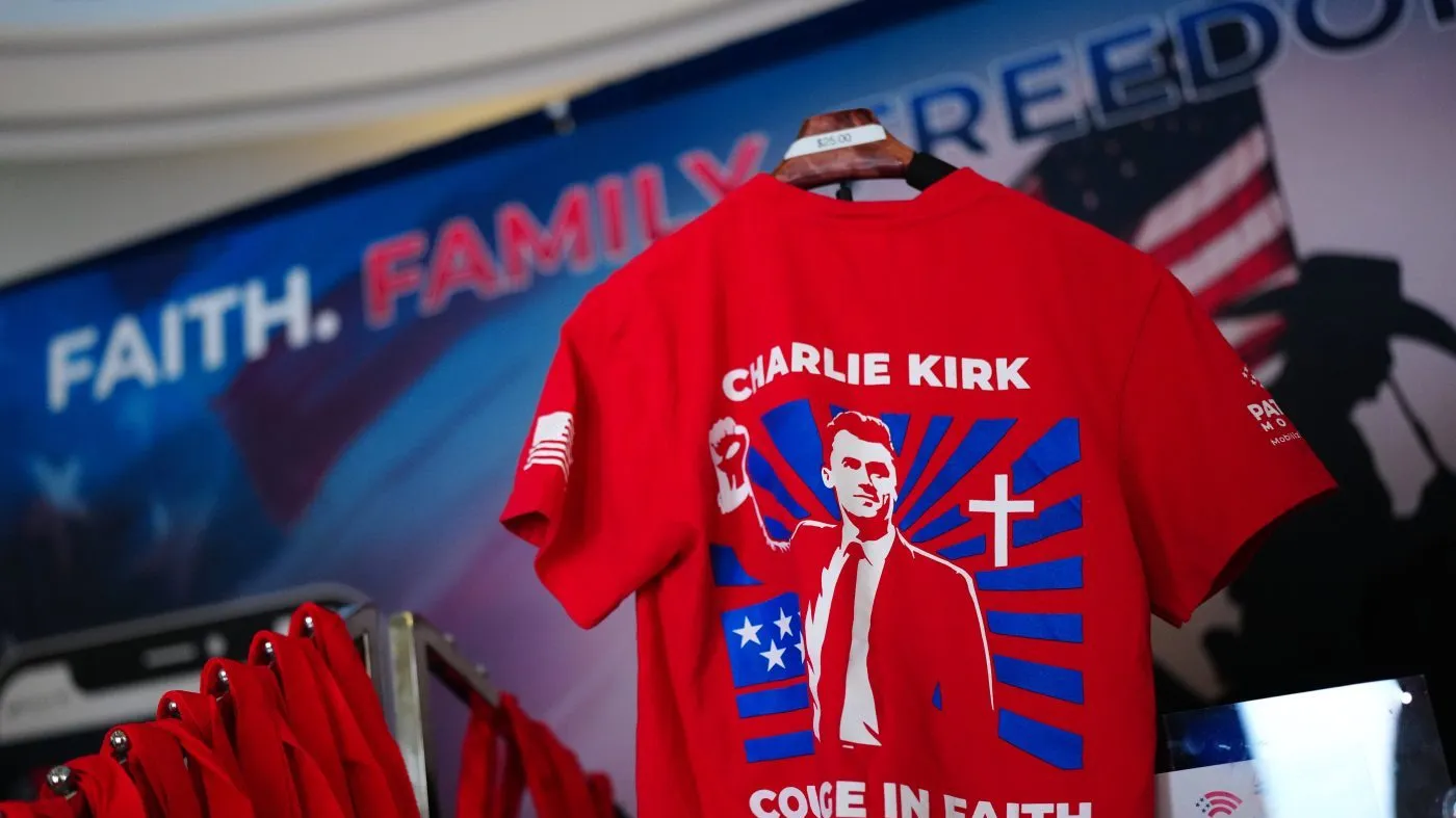 A shirt with the likeness of Charlie Kirk is displayed for sale at the Republican convention, Sept. 9, 2026, in Dallas.