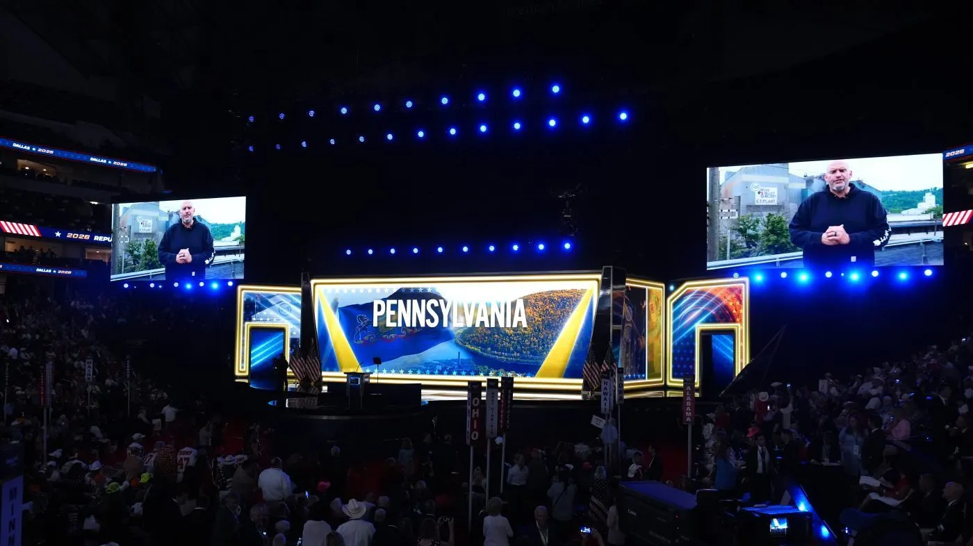 A video featuring Sen. John Fetterman, D-Pa., plays at the Republican convention Wednesday, Sept. 9, 2026, in Dallas. (AP Photo/Alex Brandon)