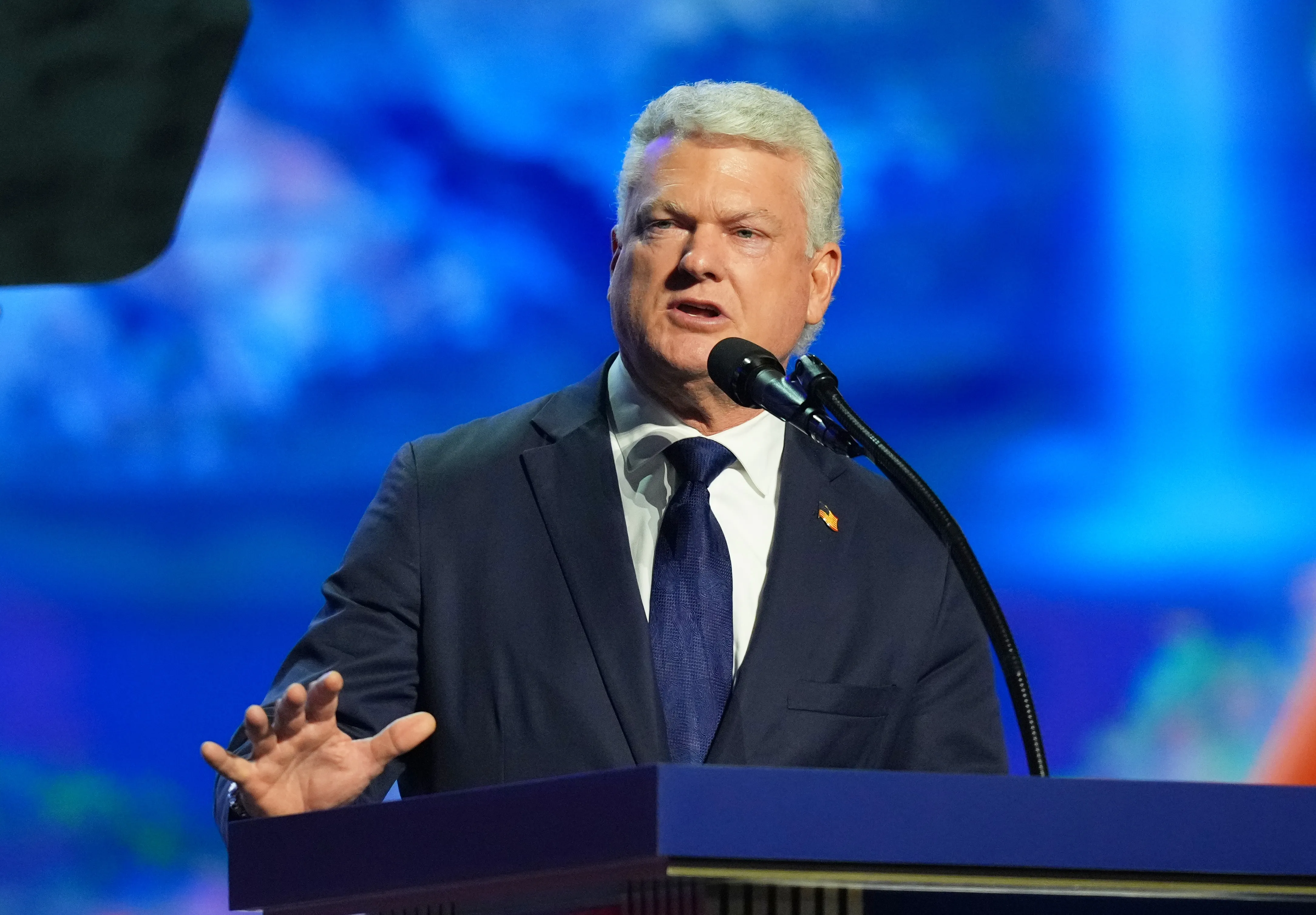 Rep. Mike Collins, R-Ga., U.S. Senate candidate, speaks at the Republican convention, Wednesday, Sept. 9, 2026, in Dallas. (AP Photo/Julio Cortez)