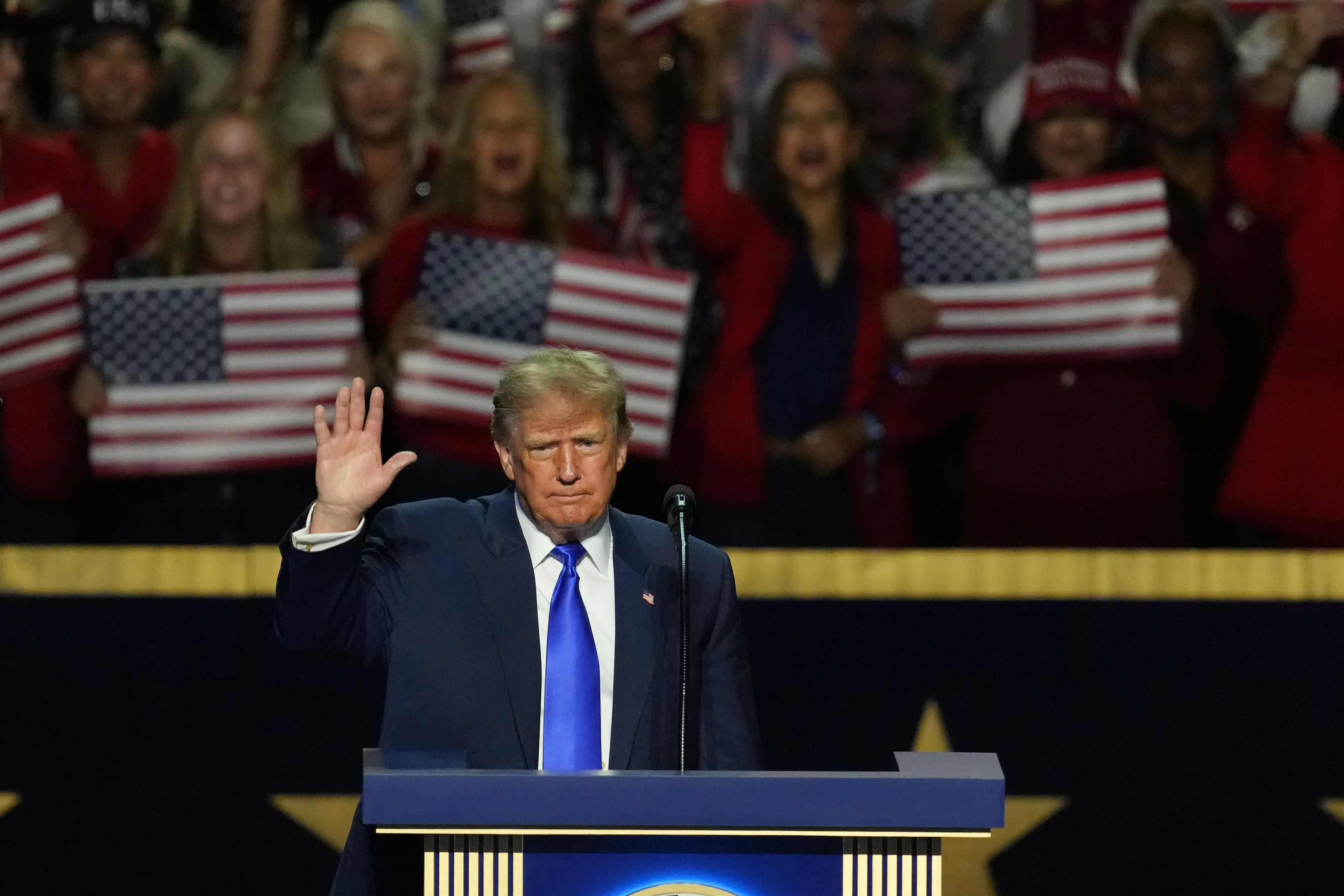 President Donald Trump waves as he wraps up his speech at the Republican convention in Dallas, Wednesday, Sept. 9, 2026. (AP Photo/Tony Gutierrez)