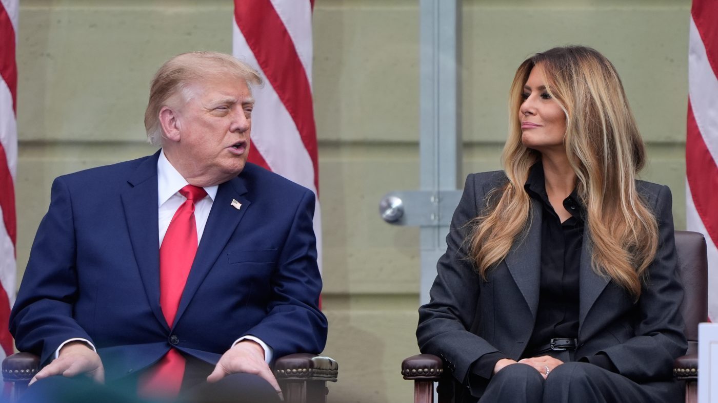 President Donald Trump talks with first lady Melania Trump, as they attend a ceremony to commemorate the 25th anniversary of the 9/11 attacks at the Pentagon, Friday, Sept. 11, 2026, in Washington. (AP Photo/Manuel Balce Ceneta)