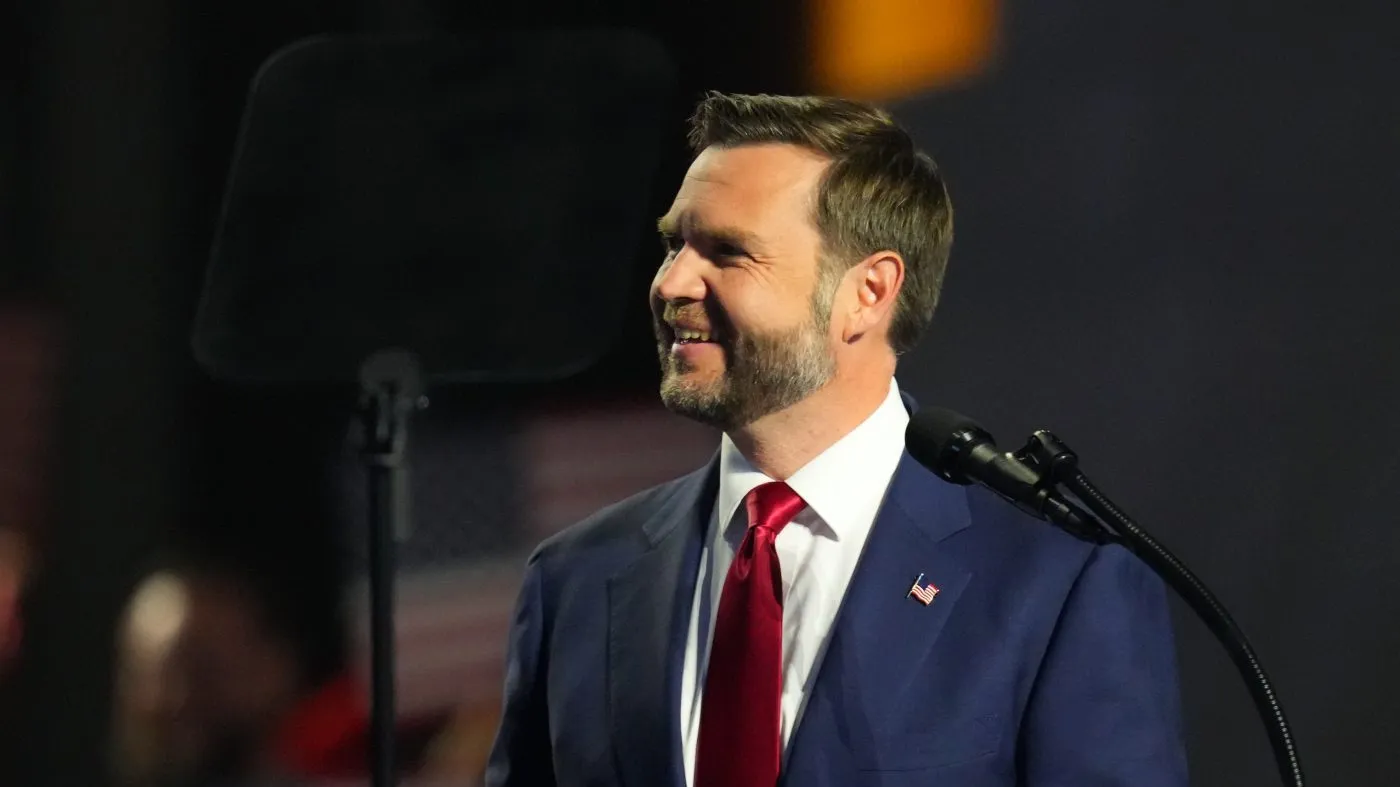 Vice President Vance looks out to the audience from the stage at the Republican convention, Sept. 10, 2026, in Dallas.
