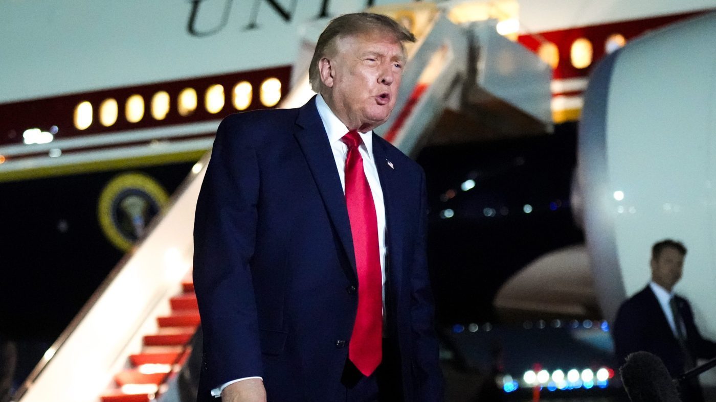 President Donald Trump speaks to reporters before boarding Air Force One, Friday, Sept. 11, 2026, at Joint Base Andrews, Md. (AP Photo/Julia Demaree Nikhinson)