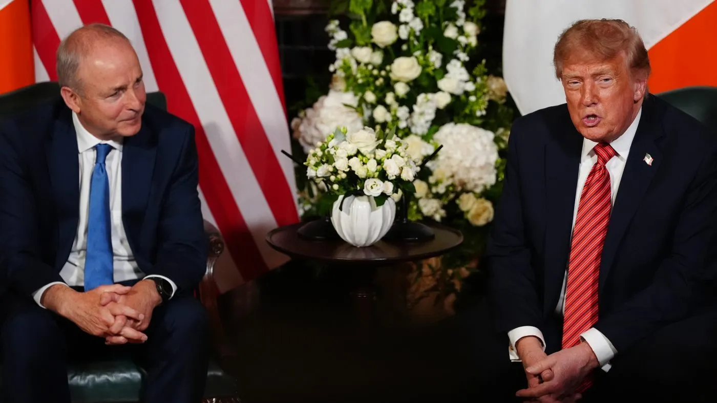 Ireland’s Prime Minister Micheál Martin, center left, and U.S. President Donald Trump during a meeting at Farmleigh House in Dublin, Saturday, Sept. 12, 2026. (AP Photo/Julia Demaree Nikhinson)