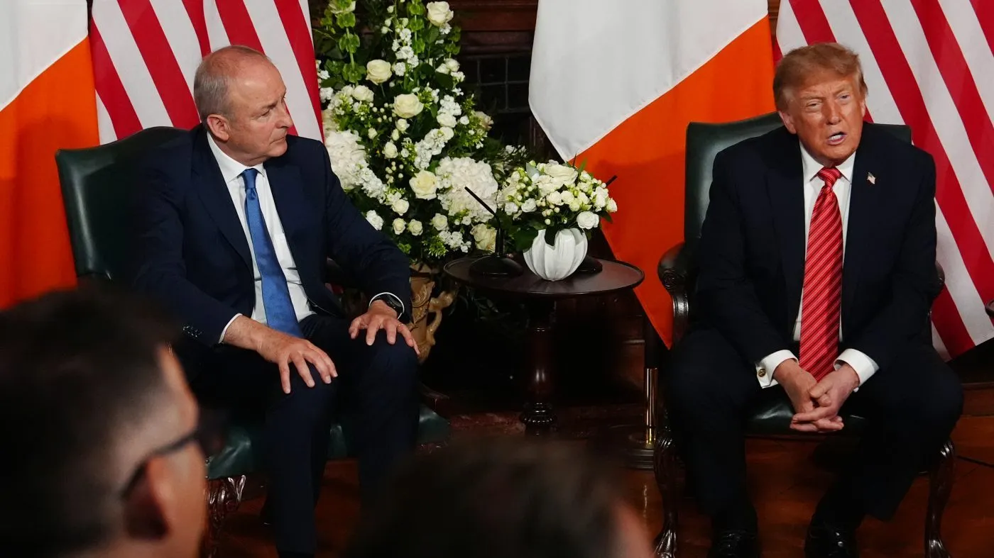 Ireland’s Prime Minister Micheál Martin, left, and U.S. President Donald Trump during a meeting at Farmleigh House in Dublin, Saturday, Sept. 12, 2026. (AP Photo/Julia Demaree Nikhinson)
