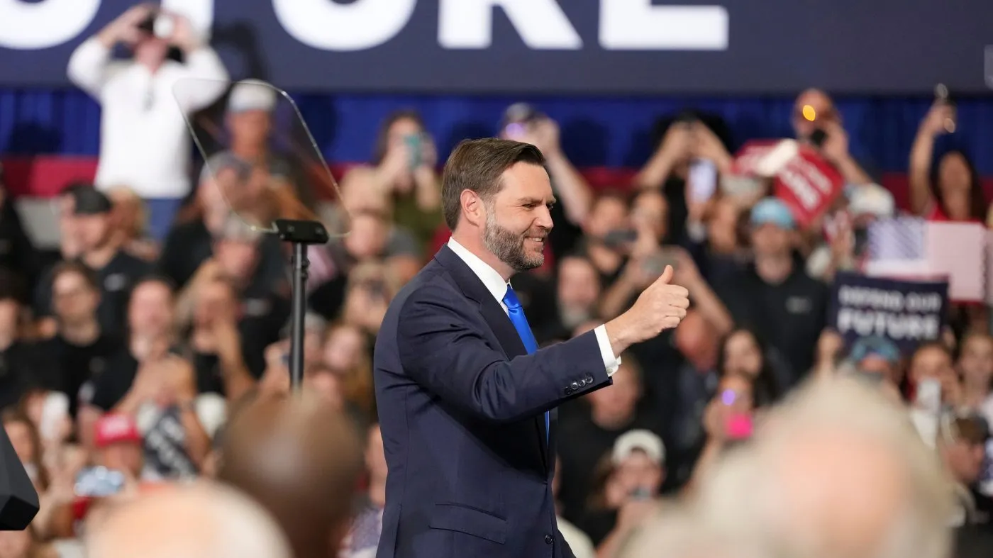 Vice President JD Vance departs after speaking during an event at Webco Manufacturing, Monday, Sept. 14, 2026, in Olathe, Kan. (AP Photo/Mark Schiefelbein, Pool)