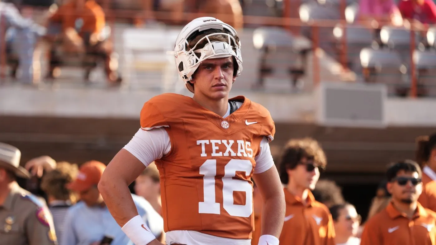 Texas quarterback Arch Manning (16) before an NCAA college football game against Ohio State, in Austin, Texas, Saturday, Sept. 12, 2026. (AP Photo/Eric Gay)