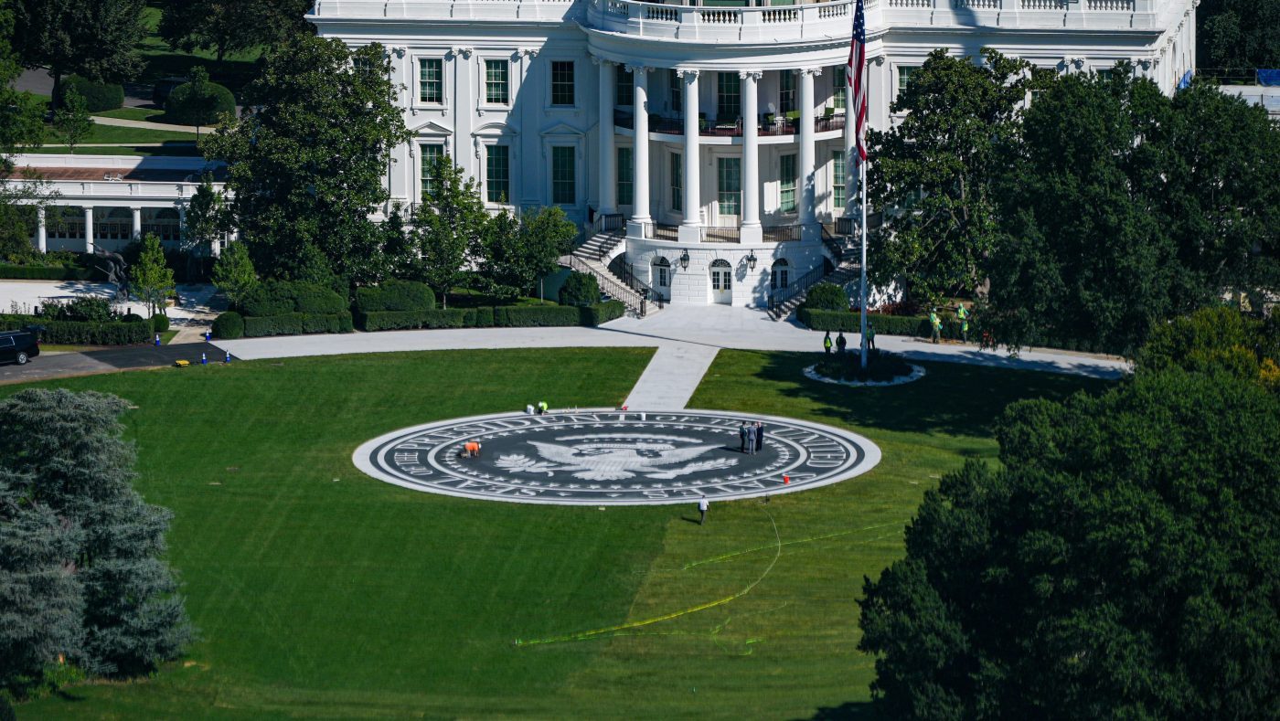 Construction continues on a helipad on the South Lawn of the White House, Sept. 15, 2026, in Washington.