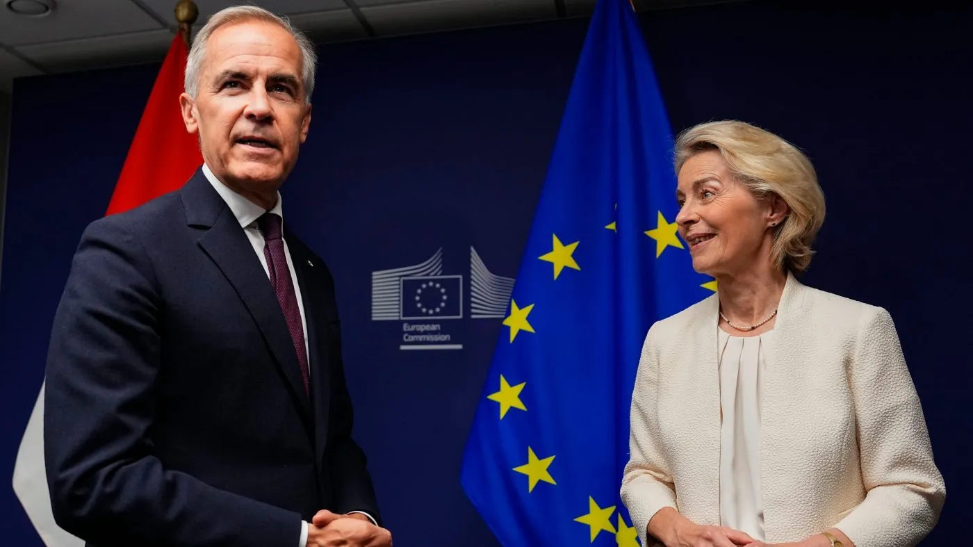 Canadian Prime Minister Mark Carney left, and European Commission President Ursula von der Leyen participate in a bilateral meetingat the European Parliament in Strasbourg, France, Wednesday, Sept. 16, 2026. (Justin Tang/The Canadian Press via AP)