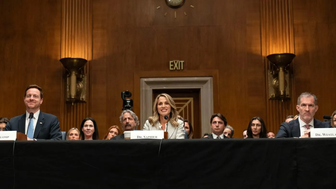From left, Chris Klomp, nominee for Deputy Secretary of Health and Human Services, Dr. Nicole Saphier, surgeon general nominee, and Timothy Westlake, nominee to be assistant secretary for mental health and substance use, testify during a confirmation hearings on Capitol Hill Wednesday, Sept. 16, 2026, in Washington. (AP Photo/Jose Luis Magana)