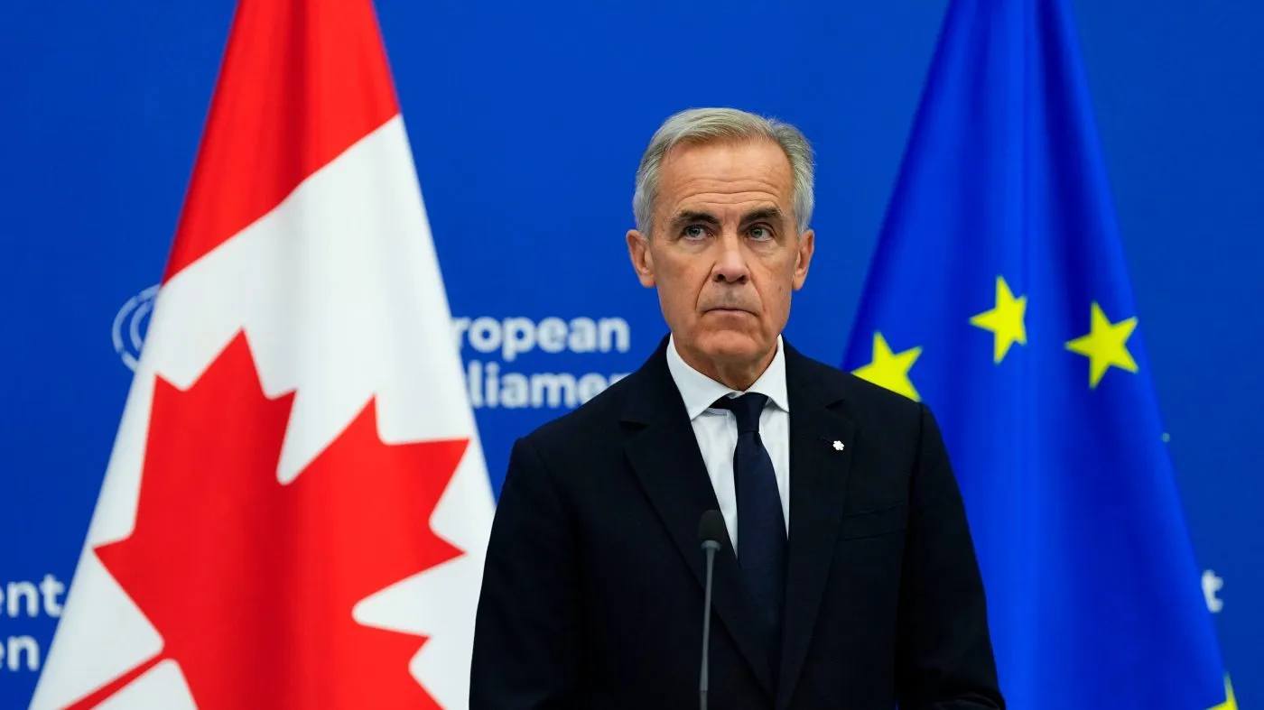 Prime Minister Mark Carney participates in a joint news conference with President of the European Parliament Roberta Metsola, not shown, at the European Parliament in Strasbourg, France, on Thursday, Sept. 17, 2026.(Justin Tang /The Canadian Press via AP)