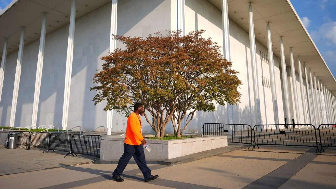 Barriers are in place outside the John F. Kennedy Center for the Performing Arts, Thursday, Sept. 17, 2026 in Washington. (AP Photo/Pablo Martinez Monsivais)