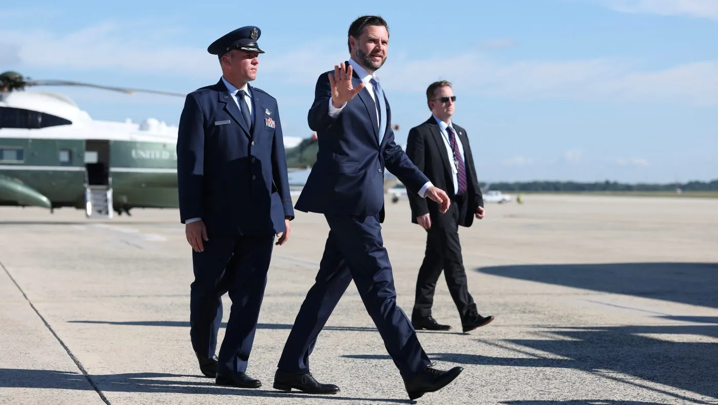 U.S. Vice President JD Vance walks from Marine Two to board Air Force Two Friday, Sept. 18, 2026, at Joint Base Andrews, Md. (Anna Moneymaker/Pool via AP)