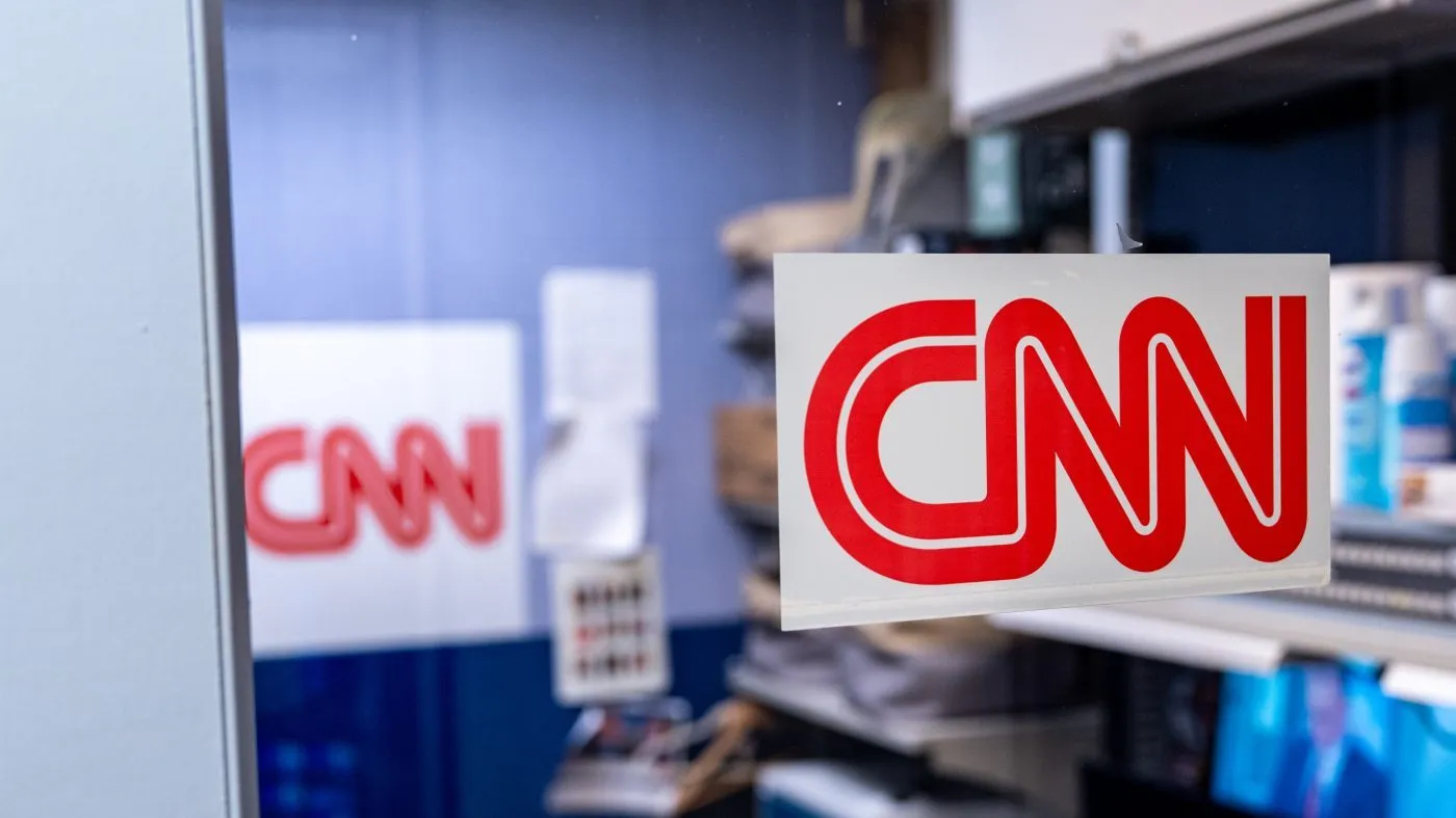 A sign is seen on the CNN both at the White House, Friday, Sept. 18, 2026, in Washington. (AP Photo/Alex Brandon)