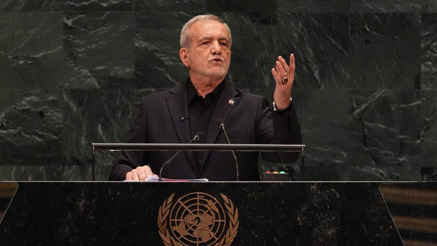 Iran’s President Masoud Pezeshkian speaks during the 81st session of the United Nations General Assembly at United Nations headquarters, Wednesday, Sept. 23, 2026. (AP Photo/Heather Khalifa)