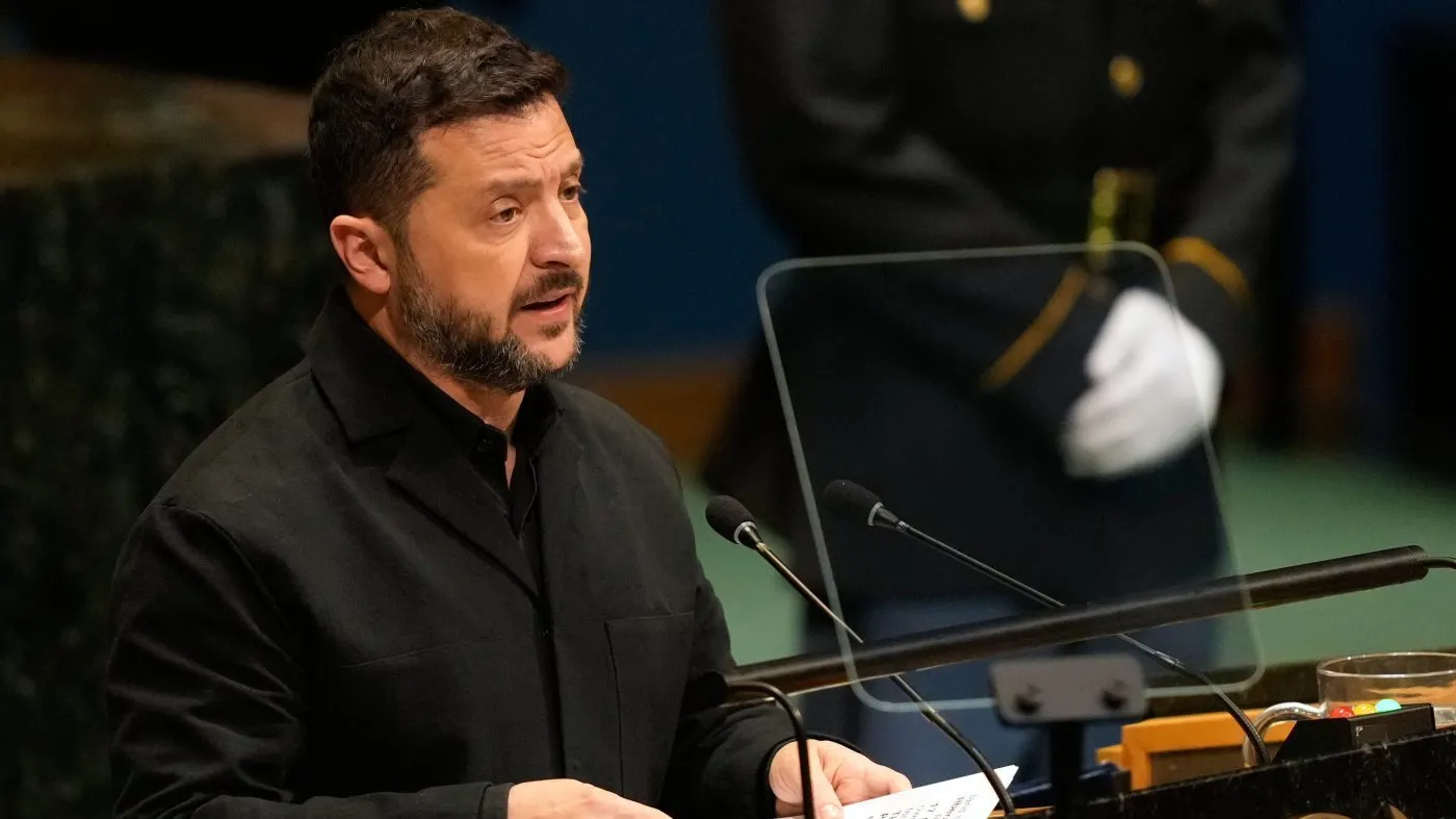 Ukraine’s President Volodymyr Zelenskyy speaks during the 81st session of the United Nations General Assembly at United Nations headquarters, Sept. 23, 2026.