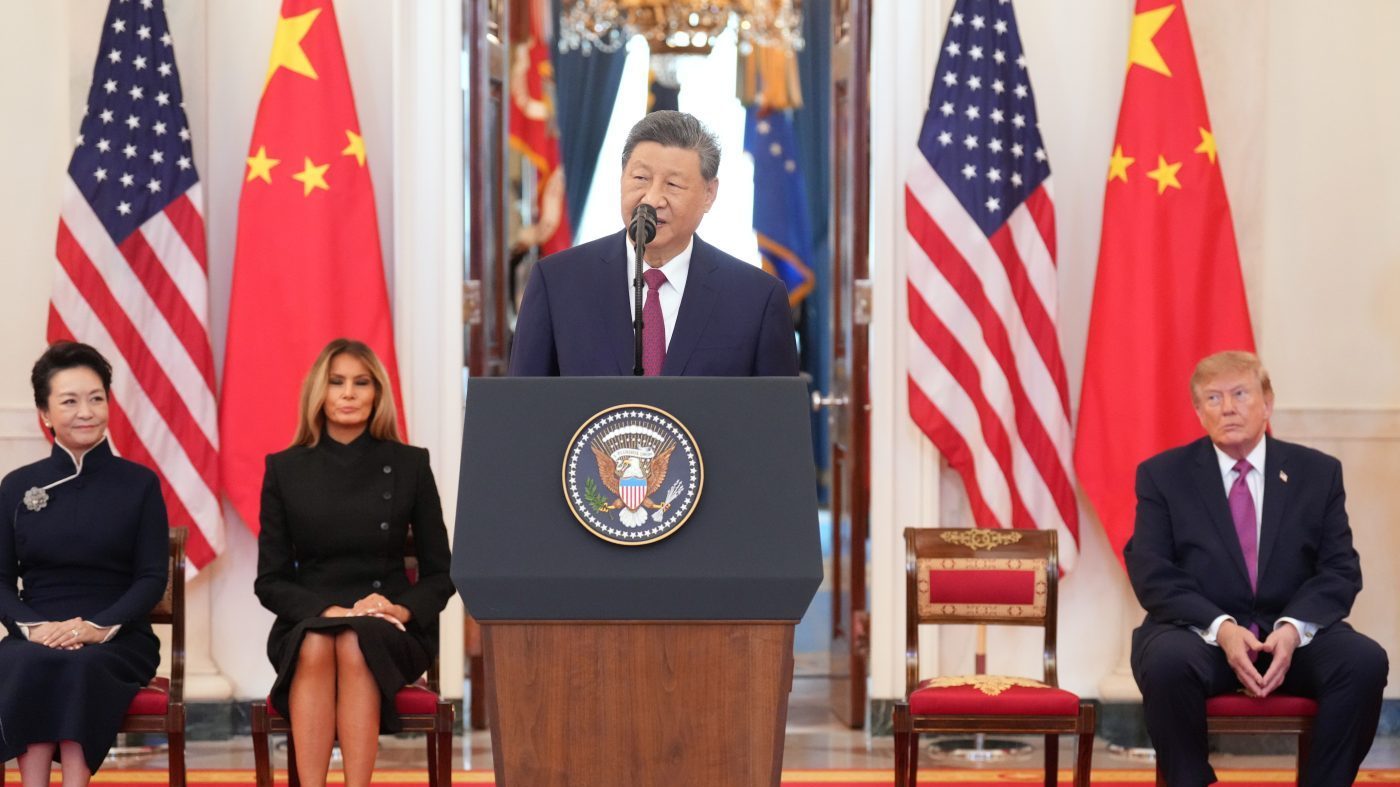 China’s President Xi Jinping speaks as President Donald Trump, first lady Melania Trump and Peng Liyuan listen, during an arrival ceremony in the Grand Foyer of the White House, Thursday, Sept. 24, 2026, in Washington. (AP Photo/Jacquelyn Martin)