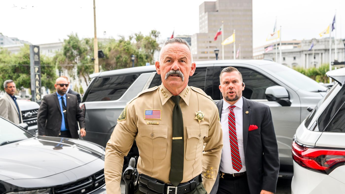 Riverside County Sheriff Chad Bianco arrives at the Supreme Court of California for a hearing about his seizure and recount of more than half a million 2025 election ballots on Aug. 24, 2026, in San Francisco.