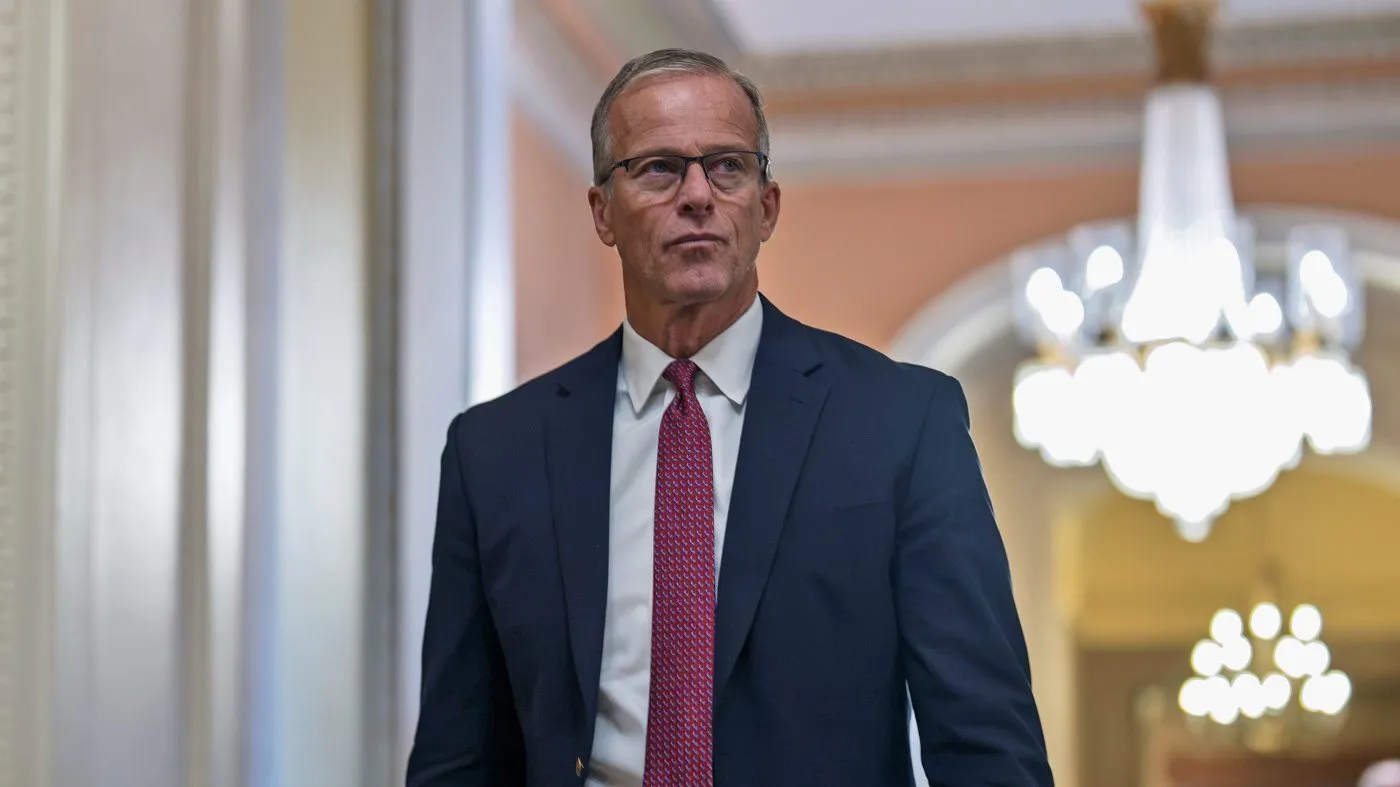 Senate Majority Leader John Thune, R-S.D., walks to the chamber for a vote, at the Capitol in Washington, Thursday, Sept. 24, 2026. (AP Photo/J. Scott Applewhite)