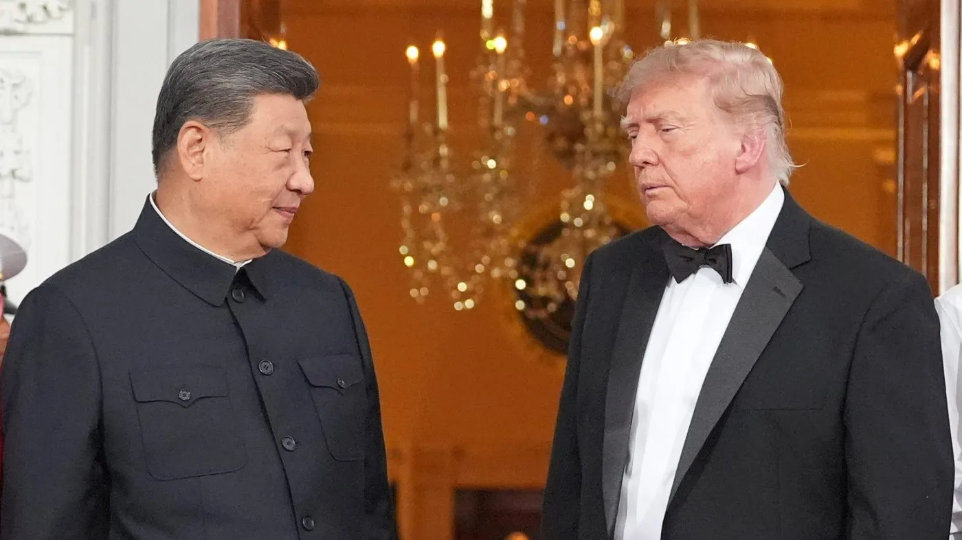 President Donald Trump and China’s President Xi Jinping stand on the North Portico of the White House berfore a State Dinner, Thursday, Sept. 24, 2026, in Washington. (AP Photo/Alex Brandon)
