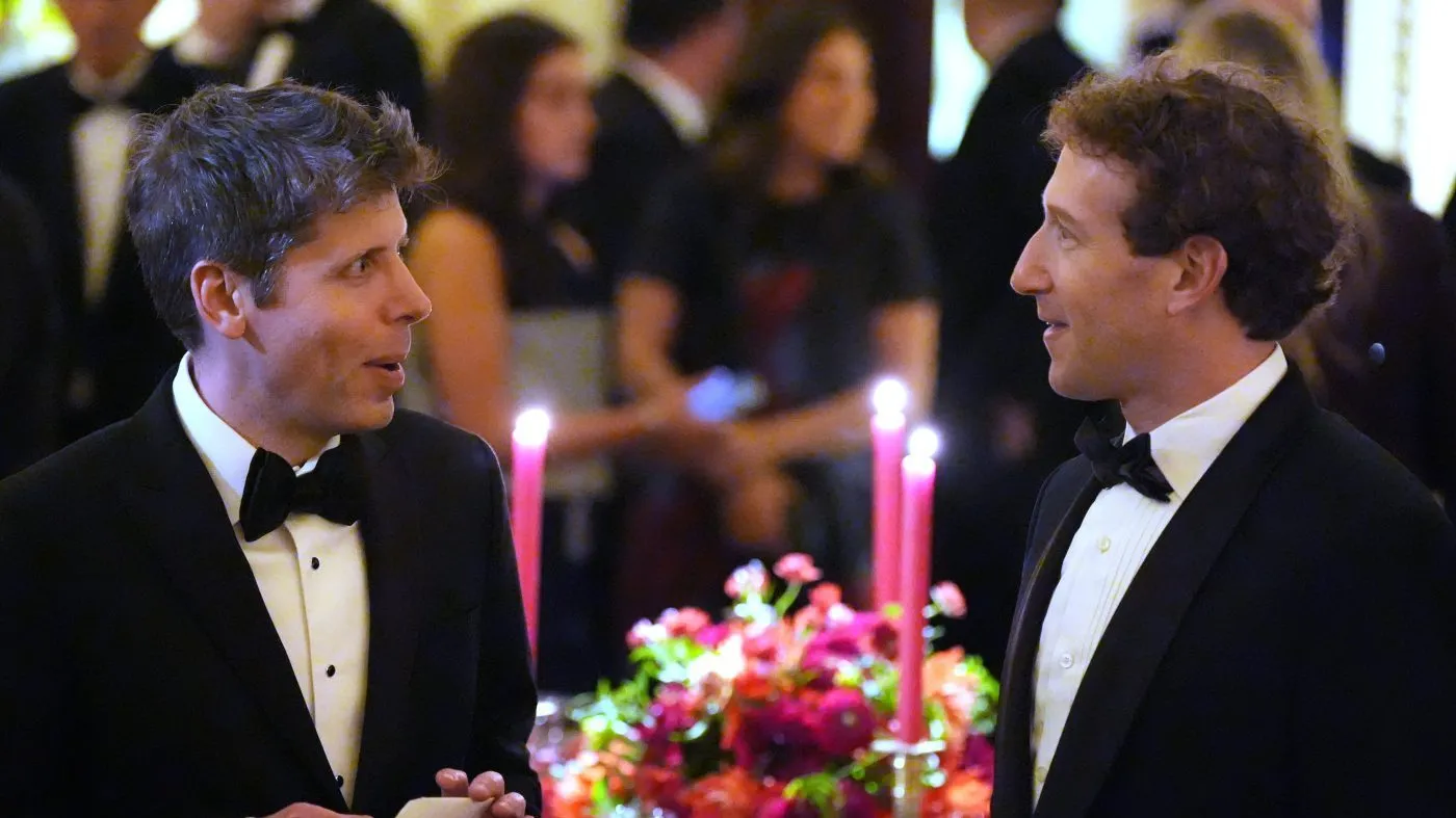 OpenAI CEO Sam Altman talks with Meta CEO Mark Zuckerberg as President Donald Trump hosts a State Dinner for China’s President Xi Jinping in the East Room of the White House, Thursday, Sept. 24, 2026, in Washington. (AP Photo/Alex Brandon)
