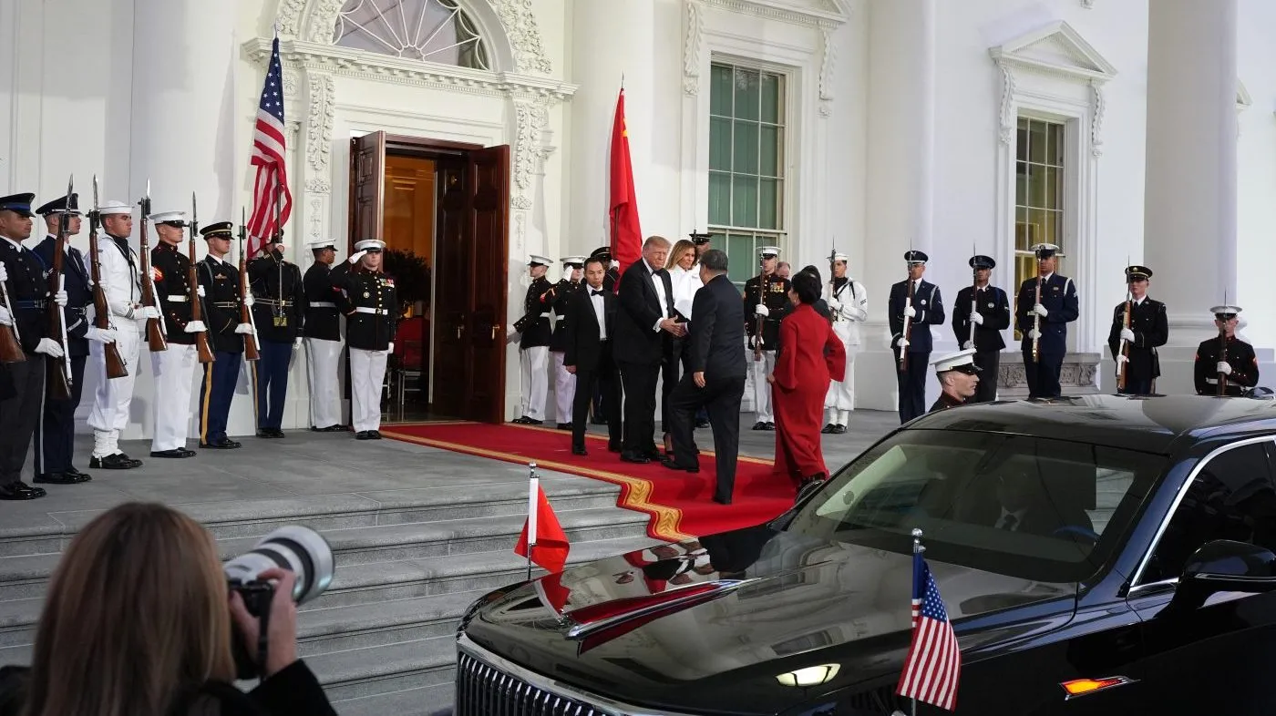 President Trump and first lady Melania Trump greet China’s President Xi Jinping and his wife Peng Liyuan as they arrive at the North Portico of the White House for a State Dinner, Sept. 24, 2026, in Washington.