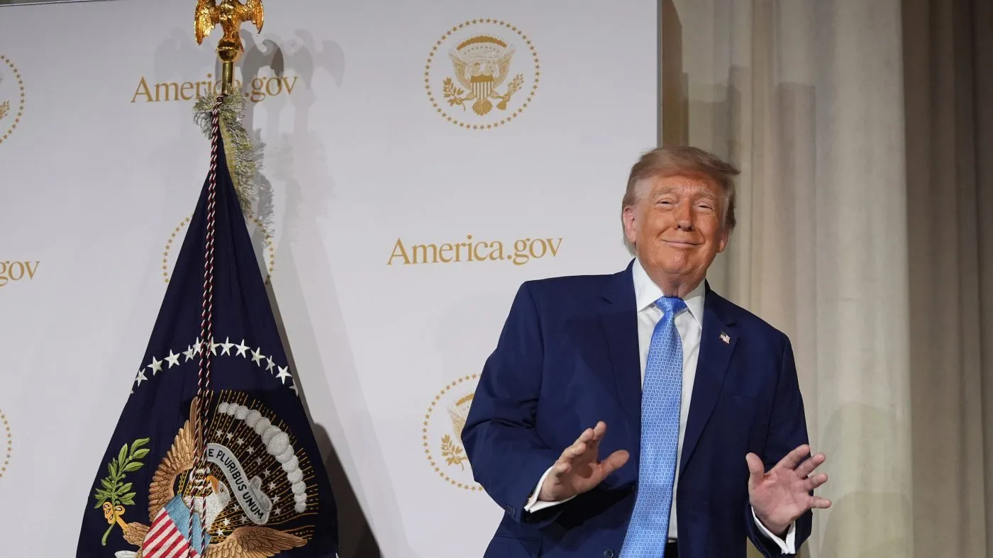 President Trump on stage at the Andrew W. Mellon Auditorium, Sept. 29, 2026, in Washington.
