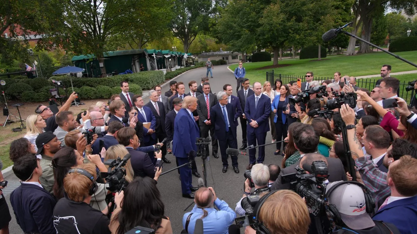 President Donald Trump speaks to reporters at the White House in Washington, Tuesday Sept. 29, 2026, after meeting with top executives of AI firms. (AP Photo/Jacquelyn Martin)
