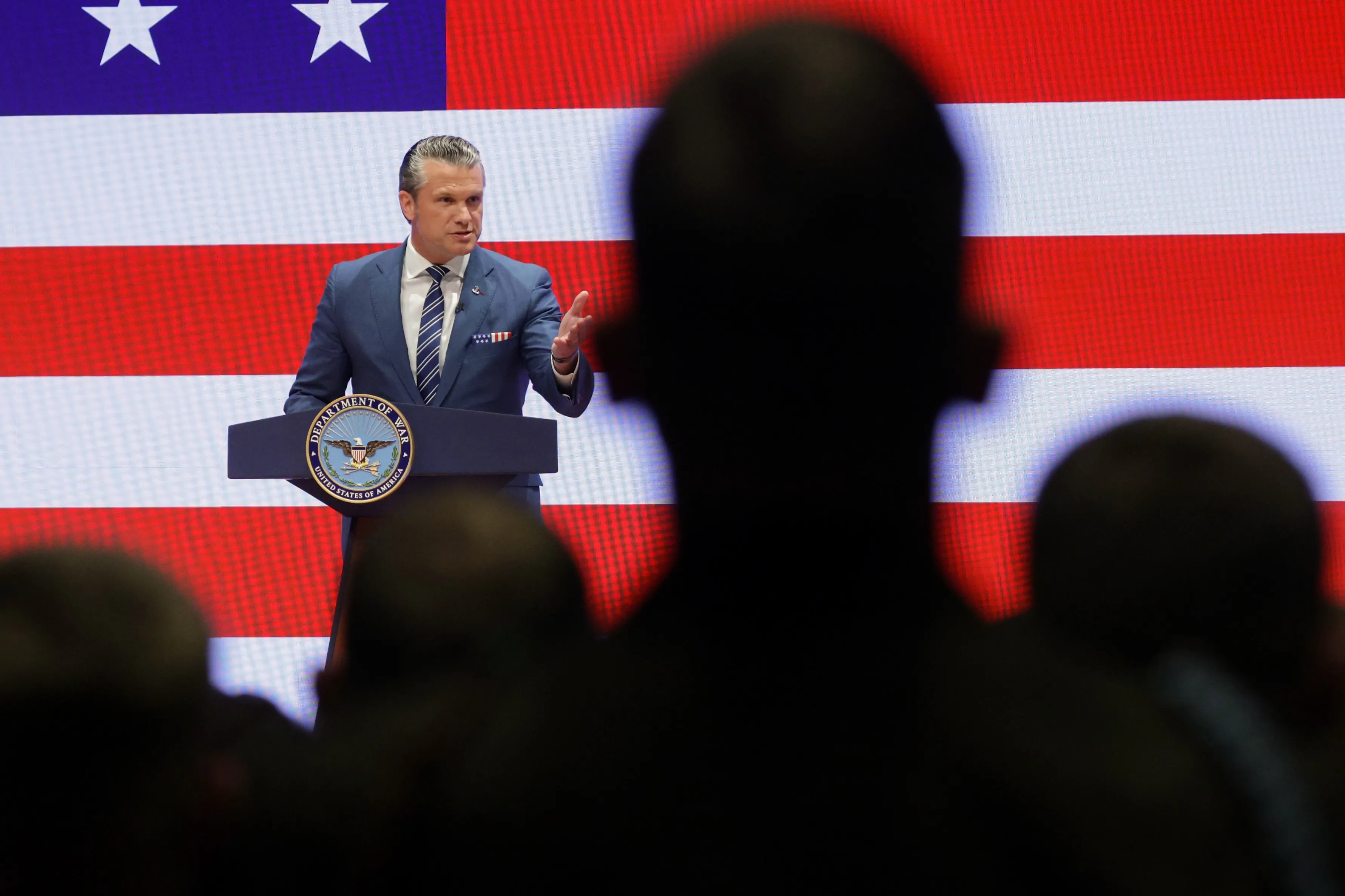 Secretary of Defense Pete Hegseth gives a State of the Force address at Marine Corps Base Quantico, Wednesday, Sept. 30, 2026 in Quantico, Va. (Alex Wong/Pool Photo via AP)