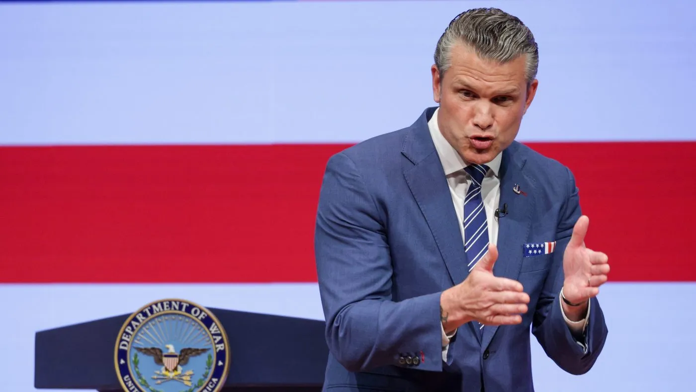 Defense Secretary Pete Hegseth gives a State of the Force address at Marine Corps Base Quantico on Sept. 30, 2026, in Quantico, Va.