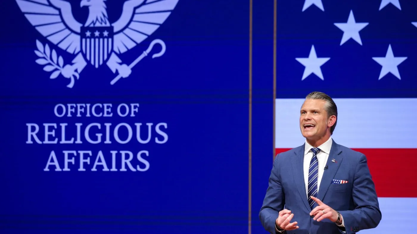 Secretary of Defense Pete Hegseth gives a State of the Force address at Marine Corps Base Quantico, Wednesday, Sept. 30, 2026 in Quantico, Va. (Alex Wong/Pool Photo via AP)