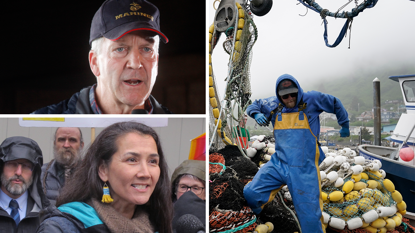 Left: Sen. Dan Sullivan (R-Alaska) Alaska U.S. Senate candidate Mary Peltola. Right: Salmon fishermen stack their nets on June 22, 2023, in Kodiak, Alaska.