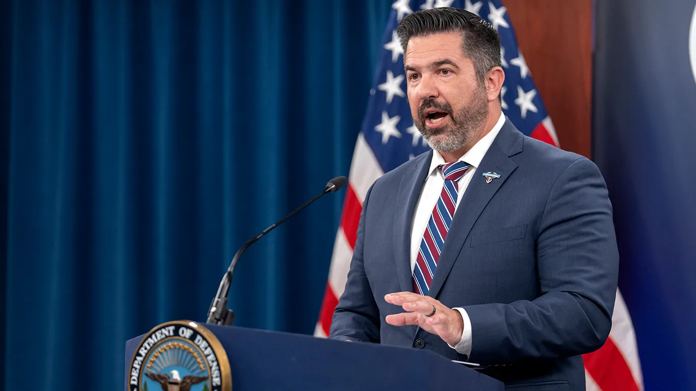 Pentagon spokesperson Sean Parnell speaks during a press briefing at the Pentagon, July 2, 2025, in Washington.