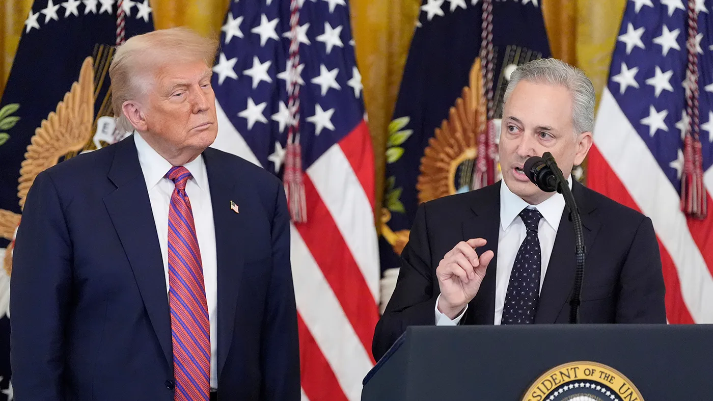 White House AI and crypto czar David Sacks speaks as President Trump listens at an event for the signing of the GENIUS Act, a bill that regulates stablecoins, a type of cryptocurrency, in the East Room of the White House, July 18, 2025, in Washington.