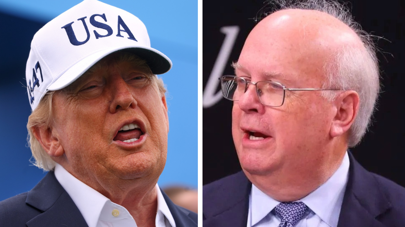 President Donald Trump and GOP strategist Karl Rove. (AP Photo/Peter Morrison/Tasos Katopodis, Getty Images via The Atlantic)