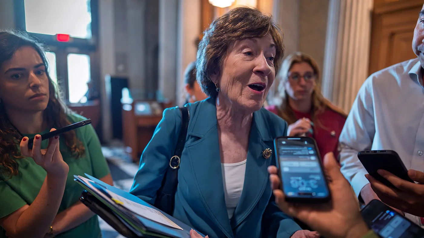 FILE -Sen. Susan Collins, R-Maine, responds to reporters at the Capitol in Washington, July 14, 2026. (J. Scott Applewhite, Associated Press file)