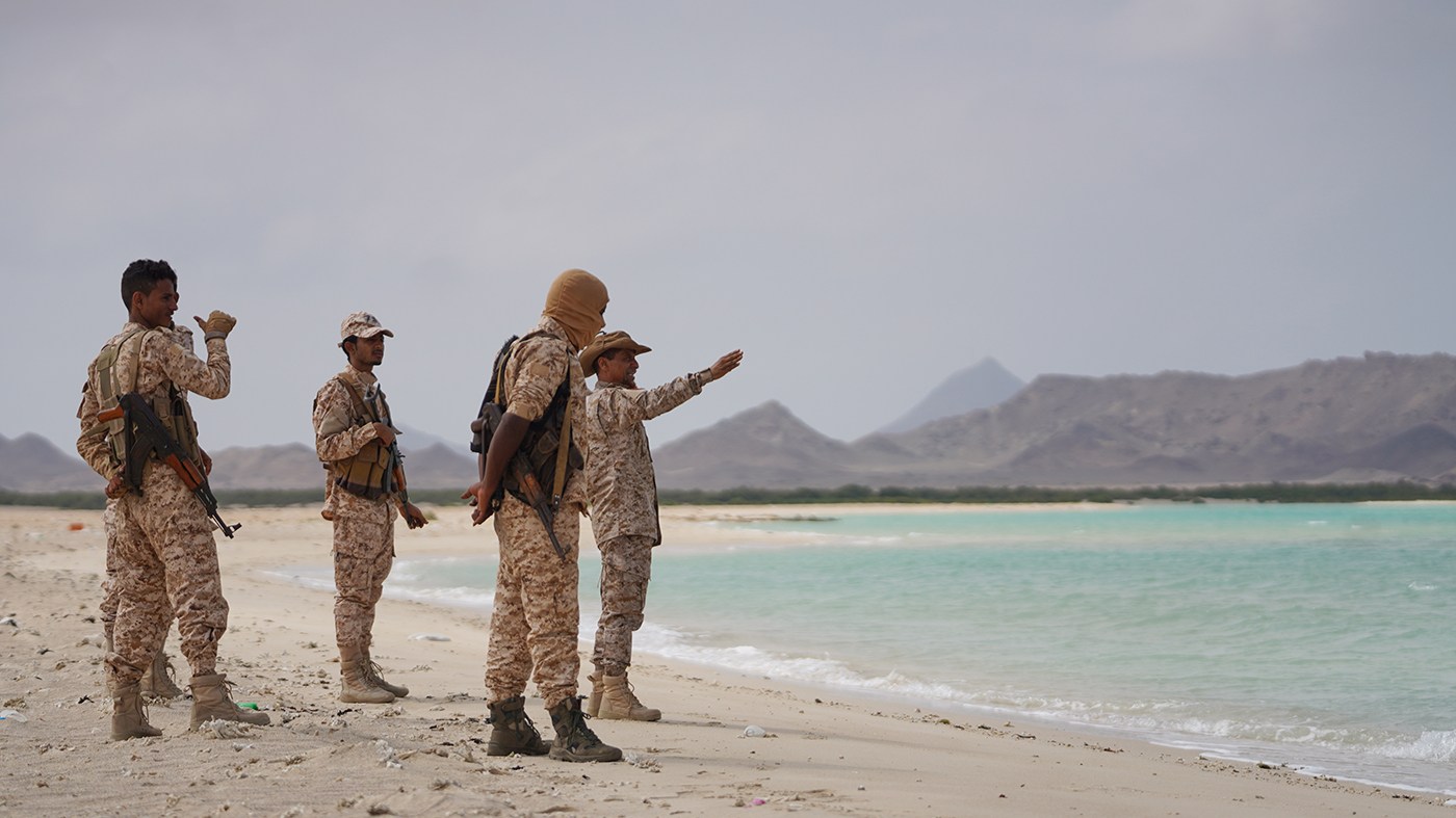 Yemeni soldiers listen to their commander, right, in Dhubab, near the strategic Bab el-Mandeb Strait, Yemen, April 5, 2026.