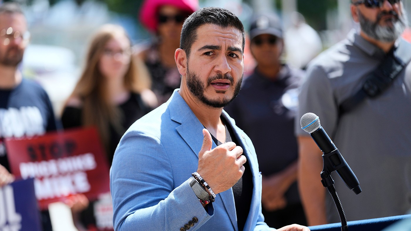 Democratic nominee for U.S. Senate Abdul El-Sayed speaks at a news conference at the base of the Spirit of Detroit monument in Detroit, Wednesday, Aug. 19, 2026. (AP Photo/Paul Sancya)