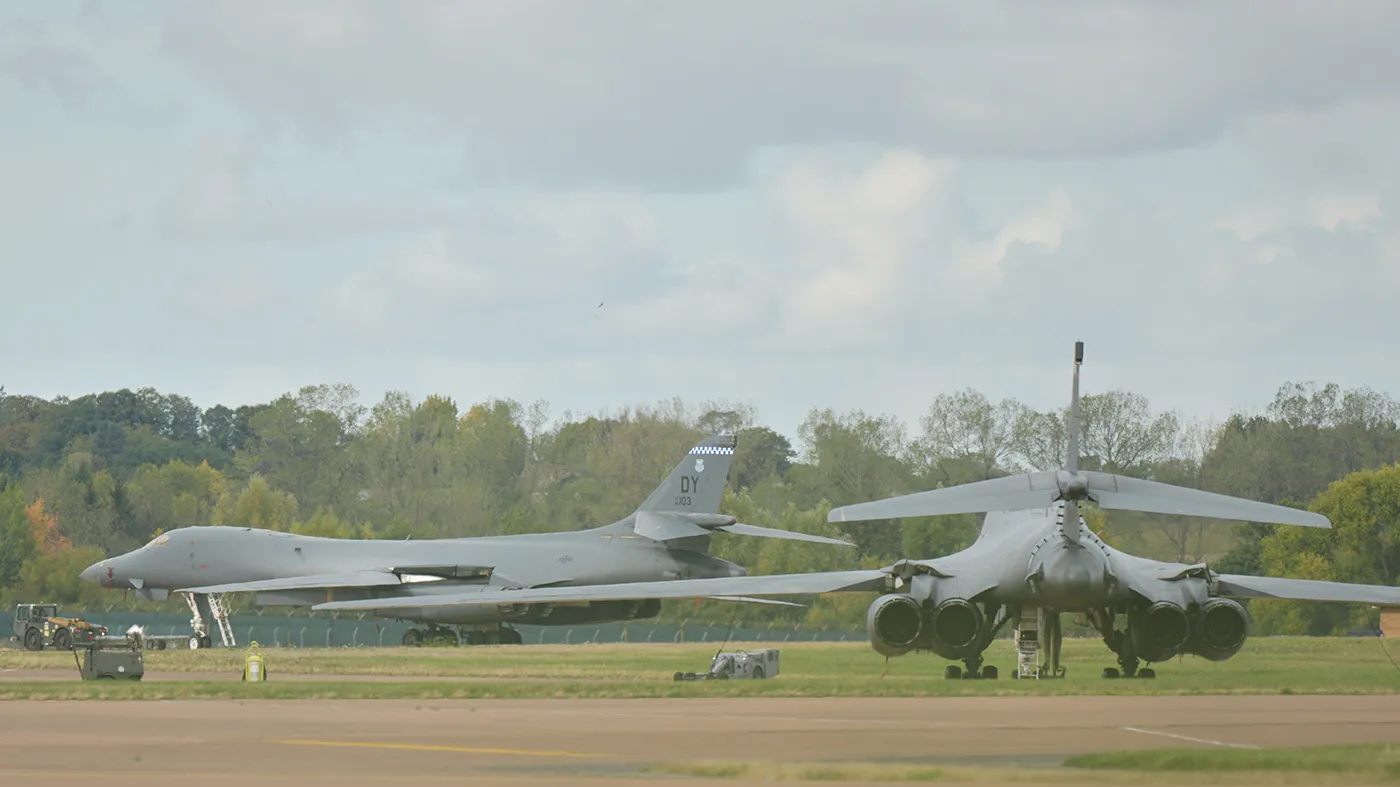 A B-1 bomber is towed past another B-1 aircraft at RAF Fairford, a U.S. air base in Fairford, England, Sept. 28, 2026.