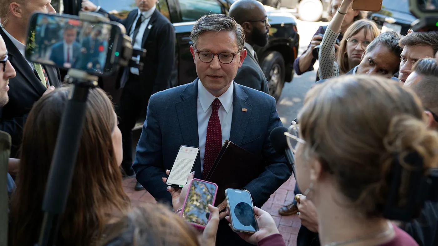 Speaker of the House Mike Johnson (R-La.) talks to reporters as he leaves after a news conference on Capitol Hill, Sept. 15, 2026, in Washington.